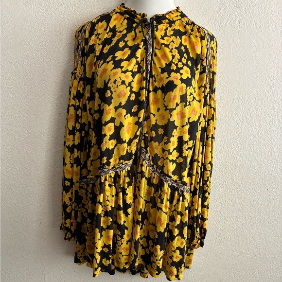 Free People Yellow and Black Tiered Sundress with Bishop Sleeves M - Picture 4 of 16